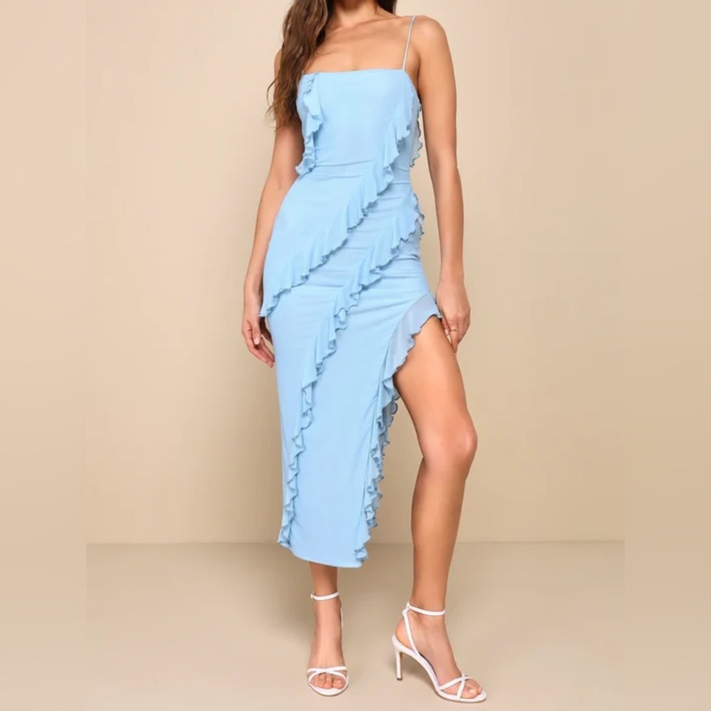 Lulu Light Blue Mesh Ruffled Midi Dress - New with tags size Medium